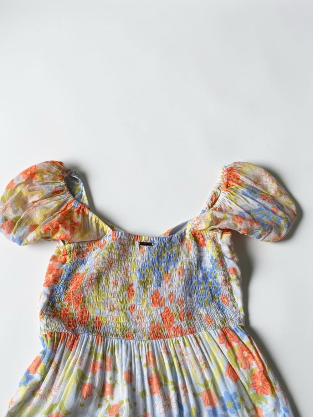 Billabong Maxi Dress Orange & Blue Floral Cotton Puff Sleeve - Picture 13 of 15